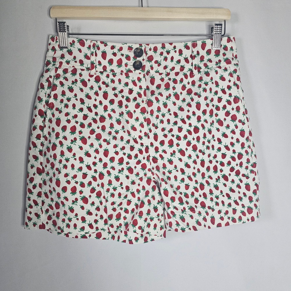Boden White High-Waist Shorts with Red Strawberry Print